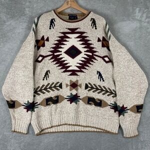 Gant Sweater Mens XL Beige Aztec Southwest Hand Intarsia Cotton Knit Vintage 90s